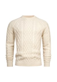 Cremefarbener Kabelstrickpullover mit gerippten Bündchen und Kragen. Verfügt über verschiedene strukturierte Muster, die ein klassisches, voluminöses Strickdesign präsentieren.