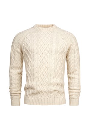 Kremowy sweter w warkoczowy splot z ribbowanymi mankietami i dekoltem. Oferuje różnorodne wzory tekstur, podkreślając klasyczny, gruby splot.