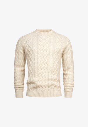 Kremowy sweter w warkoczowy splot z ribbowanymi mankietami i dekoltem. Oferuje różnorodne wzory tekstur, podkreślając klasyczny, gruby splot.