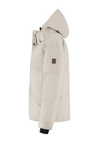 Lichtbeige gewatteerde winterjas met aangehechte capuchon, voorrits en drukknoopsluiting, zwarte polsmanchetten en een klein bruin logo-opdruk op de mouw.