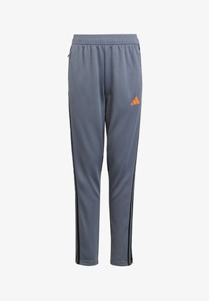 Pantalones atléticos grises hechos de una tela ligera. Presentan rayas laterales negras y un logo naranja. Tienen una cintura elástica y un diseño ajustado.