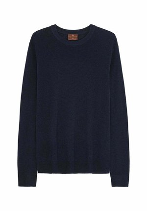 Navy blue crewneck sweater with long sleeves, ribbed cuffs and hem, made of soft fabric. Label tag visible at neckline.