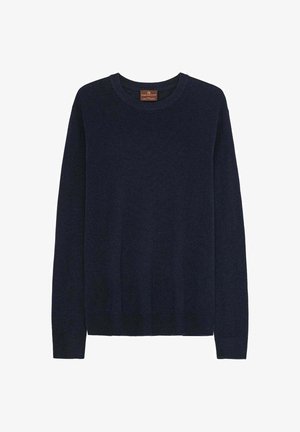 Navy blue crewneck sweater with long sleeves, ribbed cuffs and hem, made of soft fabric. Label tag visible at neckline.