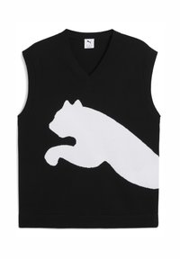 Maglione senza maniche nero con scollo a V, caratterizzato da un grande design di un gatto bianco in salto. Realizzato in morbido tessuto a maglia texturizzato. Orlo a costine.