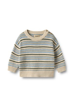Babytrøje med blå, grønne og beige vandrette striber, lange ærmer, ribkanter ved ærmeender, halsudskæring og kant, med to knapper på den ene skulder.