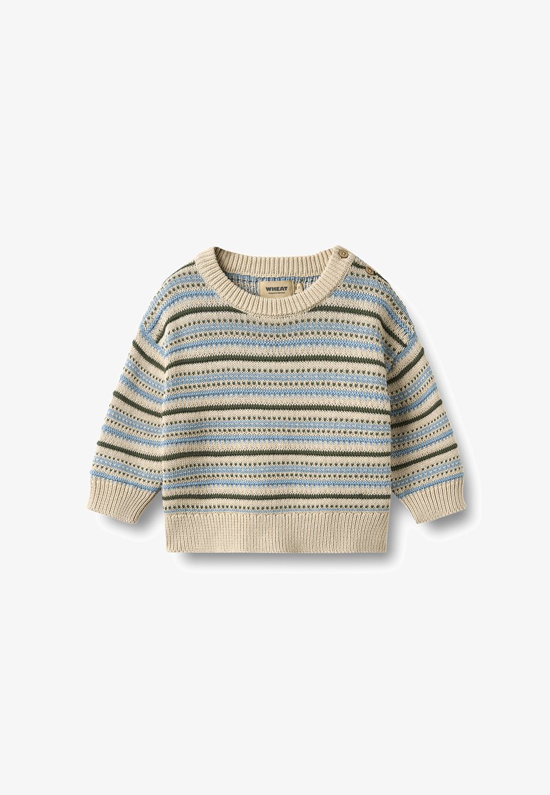 Pull bébé à rayures horizontales bleues, vertes et beiges, manches longues, poignets, encolure et ourlet côtelés, avec deux boutons sur une épaule.
