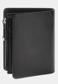 Black leather wallet with a textured finish, featuring a zippered compartment and multiple card slots. Compact, folded design.