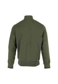 Sudadera verde oscuro con cuello alto, puños y bajo acanalados. Presenta una textura suave y sin patrones visibles ni acentos metálicos.
