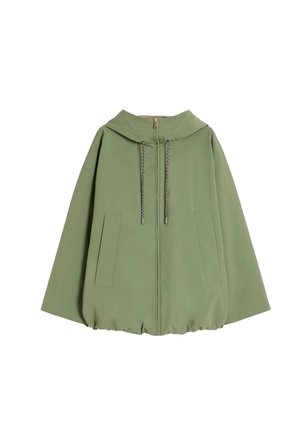 Giacca verde con cappuccio, cerniera frontale, cappuccio con coulisse, due tasche verticali e orlo elastico.