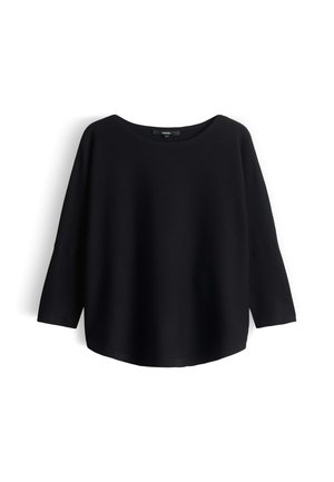 Maglione nero a vestibilità ampia con maniche lunghe e scollo rotondo ampio, mostrato su sfondo bianco.