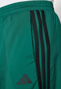Grüne Sportshorts aus glattem, leichtem Material. Mit schwarzen Streifen an den Seiten und einem geprägten schwarzen Logo. Elastischer Bund.