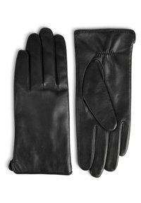 Gants en cuir noir avec une texture lisse, des poignets longs et trois sections de doigts distinctes. Les coutures intérieures sont visibles, améliorant l'ajustement.