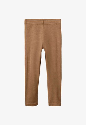 Brązowe, prążkowane legginsy dla małych dzieci z elastycznym pasem i prostymi nogawkami.