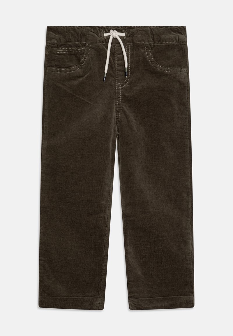 Pantalon en velours côtelé marron foncé pour enfants avec ceinture élastique et cordon blanc, doté de poches avant et de détails cousus.