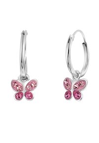 Zilveren hoepel oorbellen met vlinder-vormige bedels, afgewerkt met roze emaille en diverse roze edelstenen, waaronder ronde en ovale geslepen stenen.