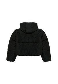 Czarna kurtka puchowa, skrócony krój, kaptur, długie rękawy, pikowana tekstura, gładki materiał, bez widocznych elementów hardware'owych ani akcentów na tylnej stronie.