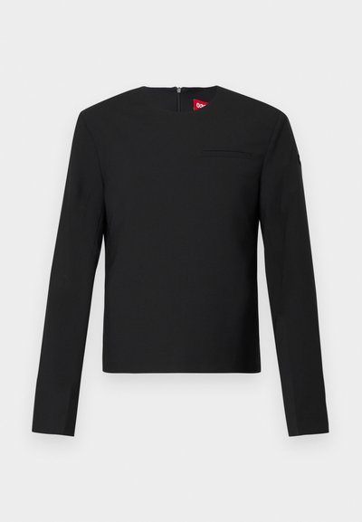 Top negru cu mâneci lungi, cu guler rotund și design minimalist. Prezintă un mic buzunar pe piept și un fermoar la spate. Textură netedă.