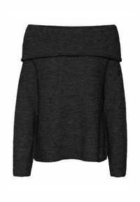 Pull noir à épaules dénudées avec manches longues, texture côtelée et encolure large. Confectionné en matière tricotée douce.