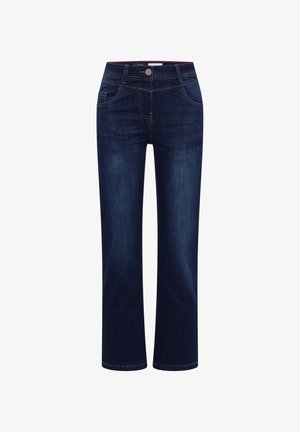 Dunkelblaue Denim-Jeans mit geradem Schnitt, fünf Taschen und kontrastierendem gelben Stich. Hergestellt aus weicher, strapazierfähiger Stoff.