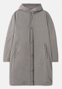 Manteau à capuche gris clair en tissu lisse et résistant à l'eau. Présente des boutons à pression, des poches latérales et une silhouette décontractée arrivant au genou.
