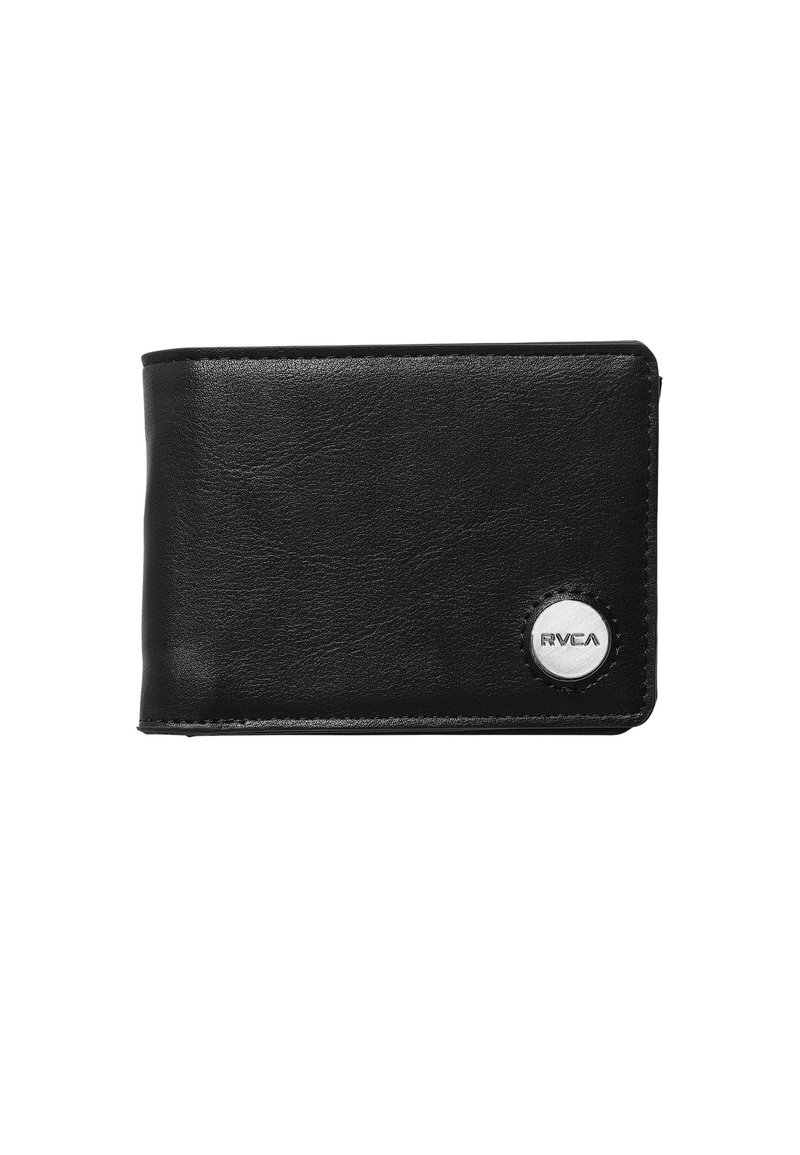 Black leather wallet with a smooth texture, rectangular shape, stitched edges, and a silver circular logo detail on the front.