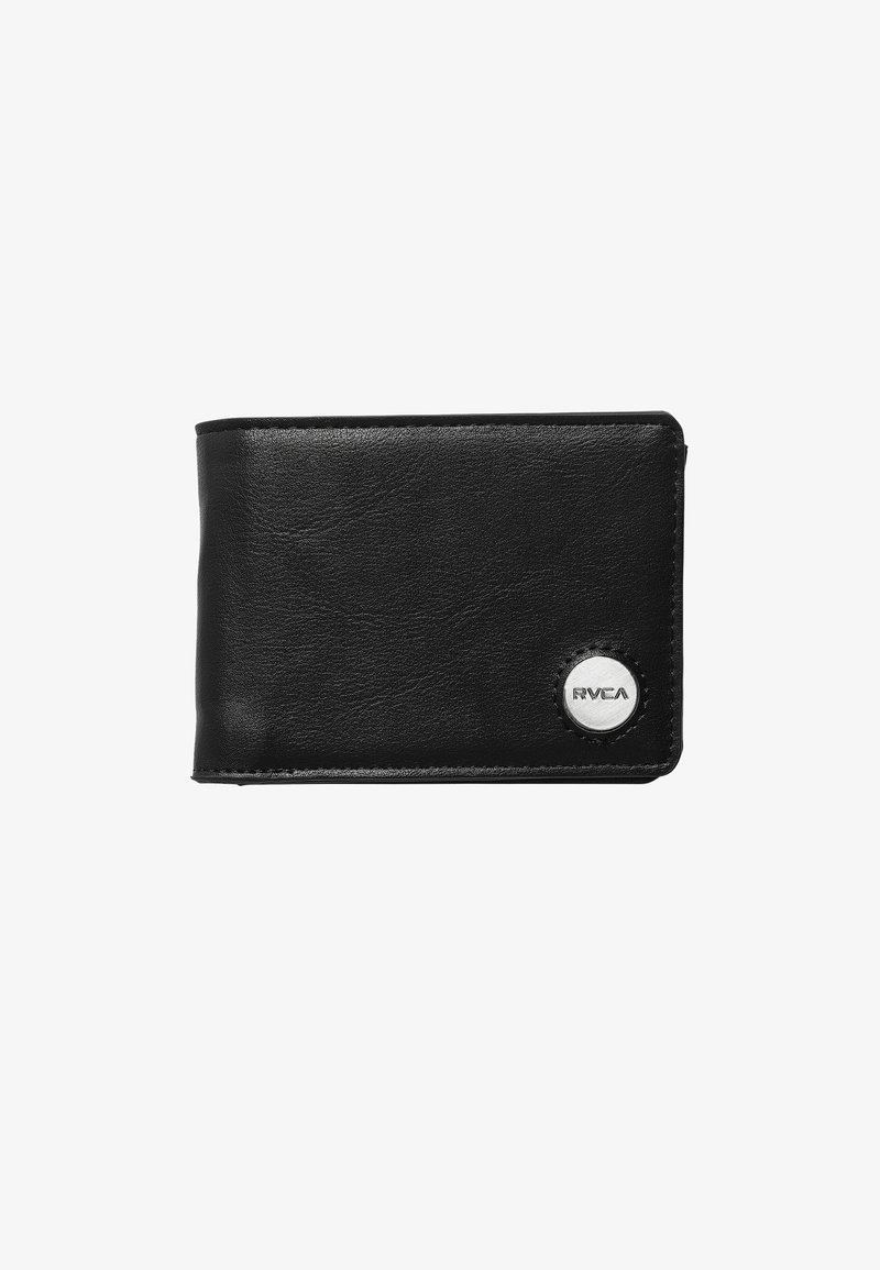 Zwarte leren portemonnee met een gladde textuur, rechthoekige vorm, gestikte randen en een zilveren cirkelvormig logo aan de voorkant.