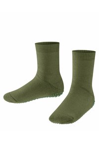 Zielone dzianinowe skarpetki z prążkowanym mankietem, z teksturowaną podeszwą pokrytą małymi silikonowymi kropkami dla lepszej przyczepności. Wykonane z mieszanki bawełny, o średniej wysokości.