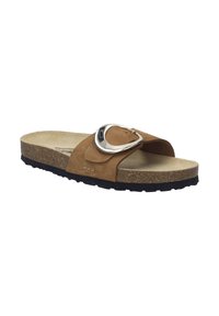 Sandal in suede marrone con un accentuato fibbia metallica, soletta in sughero e suola in gomma nera texturizzata. Design semplice e open-toe.