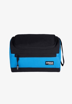 Schwarz-blaues, rechteckiges Kulturbeutel mit Vordertasche mit Reißverschluss und seitlichem Griff, mit "spitzbub STUDIOS" Logo.
