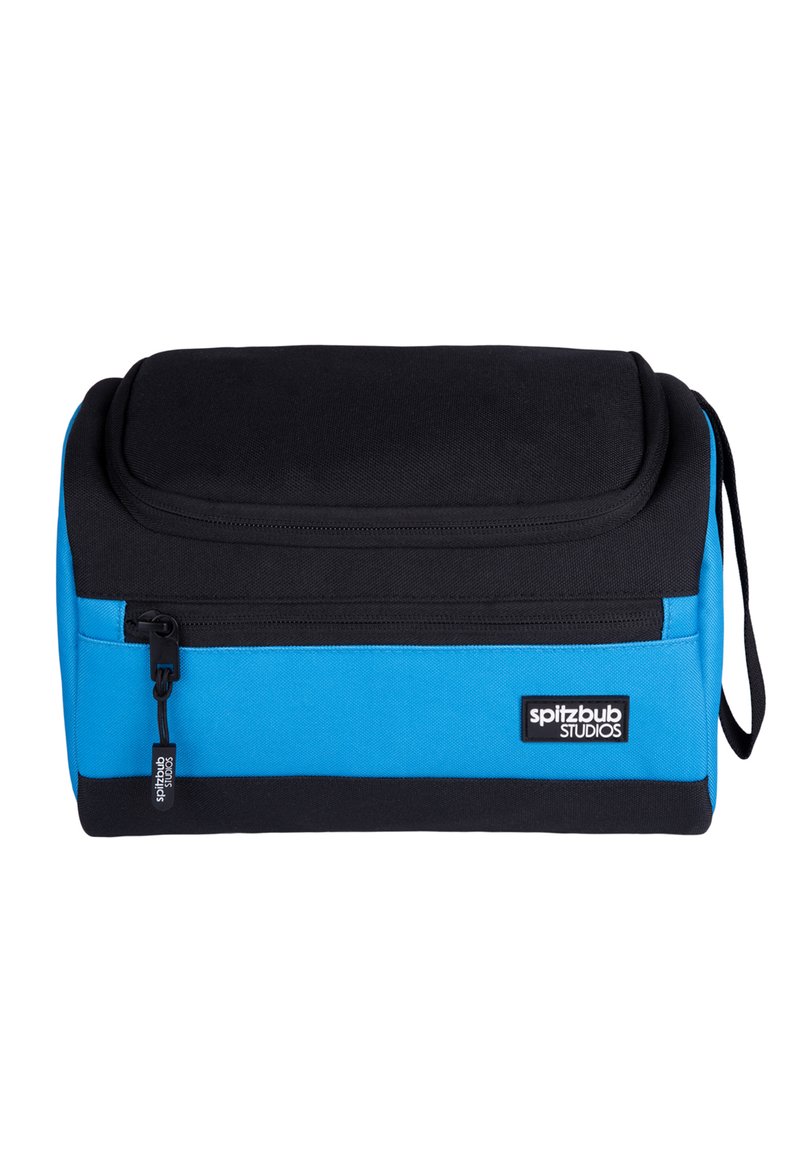 Zwarte en blauwe rechthoekige toilettas met een voorzak met rits en een handgreep aan de zijkant, met het logo van "spitzbub STUDIOS".