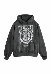 Szara bluza z kapturem z dużym białym nadrukiem, kieszenią kangurka z przodu oraz ściągaczami na rękawach. Wykonana z miękkiego materiału o luźnym kroju.