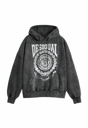 Hanorac gri cu glugă, cu un design grafic alb mare, buzunar frontal tip marsupiu și manșete din material reiat. Confecționat dintr-un material moale, cu croială lejeră.