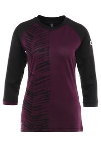 Langärmliges Oberteil in tiefem Lila mit schwarzen Akzenten. Verfügt über ein strukturiertes Design und einen runden Ausschnitt. Das Material scheint atmungsaktiv und sportlich zu sein.