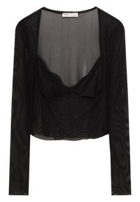 Haut noir à manches longues en tissu transparent. Présente un décolleté en forme de U avec bordure en dentelle et une zone de poitrine ajustée. Texture lisse, design court.