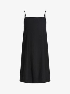 Musta hihaton mekko, jossa on suora leikkaus ja se on valmistettu kevyestä kankaasta. Sisältää ohuita olkaimia ja yksinkertaisen, koristelemattoman muotoilun.