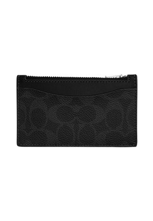 Mustast tekstuuriga nahast lukuga rahakott, millel on ees avatud tasku ja nähtav hõbedane tõmblukk peal.