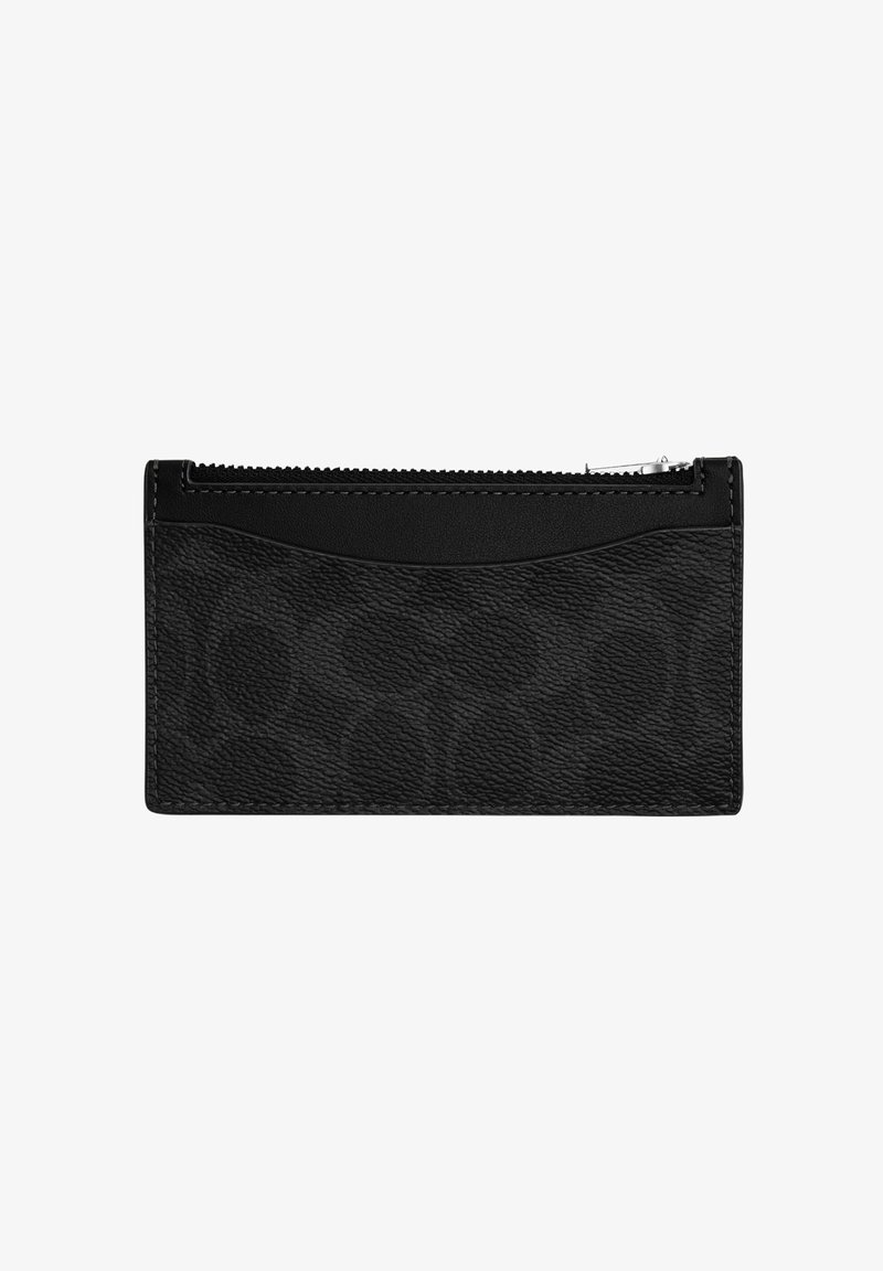 Mustast tekstuuriga nahast lukuga rahakott, millel on ees avatud tasku ja nähtav hõbedane tõmblukk peal.