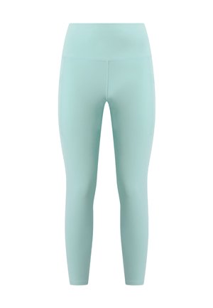 Leggings de color verde azulado claro hechos de un tejido liso y elástico. Presentan una cintura alta y un diseño ajustado, ideales para ropa deportiva.