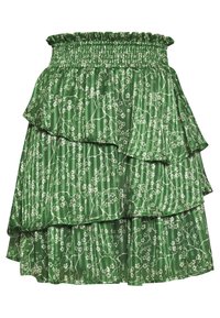 Zelená sukně ve volánech se smockovaným pasem, s květinovým a pruhovaným vzorem na lesklé tkanině. Lehký a skládáný design.