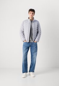 Lichtgrijze pufferjack met horizontaal gestikte patroon, hoge kraag, met een rits aan de voorkant. Gecombineerd met een grijs shirt en blauwe spijkerbroek.
