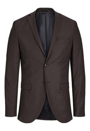 Sacou bărbătesc maro cu un design cu un singur rând de nasturi, închidere cu două nasturi, rever clasic și un buzunar pe piept, având un material neted și o căptușeală interioară.