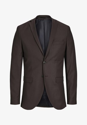 Heren bruin blazer met een enkelvoudig ontwerp, sluiting met twee knopen, gelengde revers en een borstzak, met een gladde stof en binnenvoering.