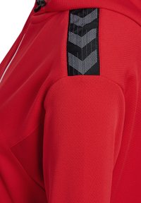 Rote sportliche Kapuzenjacke aus strukturiertem Stoff, mit kontrastierendem schwarzen Schulterbereich im Chevron-Muster und einem Reißverschluss auf der Vorderseite.