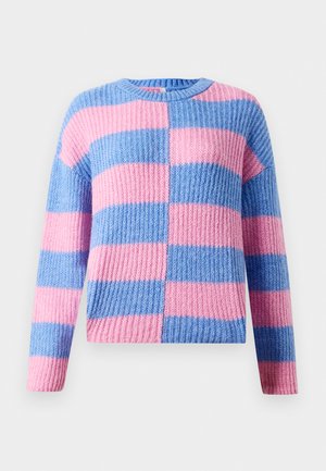 Chunky knit sweater with alternating wide horizontal stripes in pink and blue, featuring a crew neckline and long sleeves.