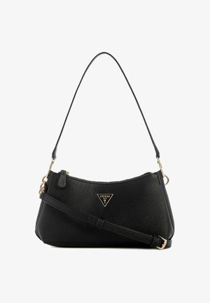 Sac à épaule noir texturé avec ferrures dorées, bandoulière réglable et logo triangulaire Guess USA centré sur le devant.