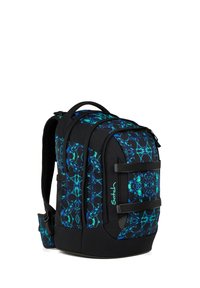 Backpack with blue and black abstract pattern, three zippered compartments, padded shoulder straps, top handle, and adjustable front straps.