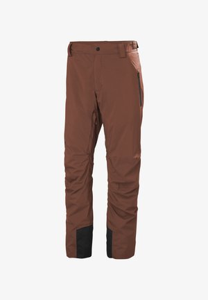 Brown outdoor pants with a smooth texture, featuring a black accent at the cuffs, zippered pockets, and a standard waistband design.