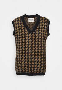Béžovo-hnědý a černý houndstooth pletený svetr s V-výstřihem, krátkými rukávy a žebrovaným lemováním. Štítek říká "CECILIE Copenhagen."