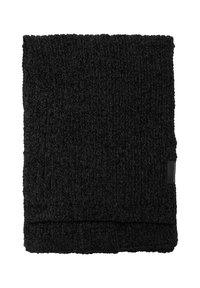Écharpe en tricot noir à côtes avec une finition texturée, pliée avec des coutures visibles et une petite étiquette sur le bord.