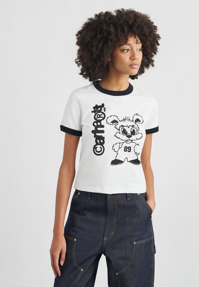 T-shirt cropped in cotone bianco con collo e maniche a contrasto nere, con grafica di un personaggio dei cartoni animati in nero, etichettato "carnot".